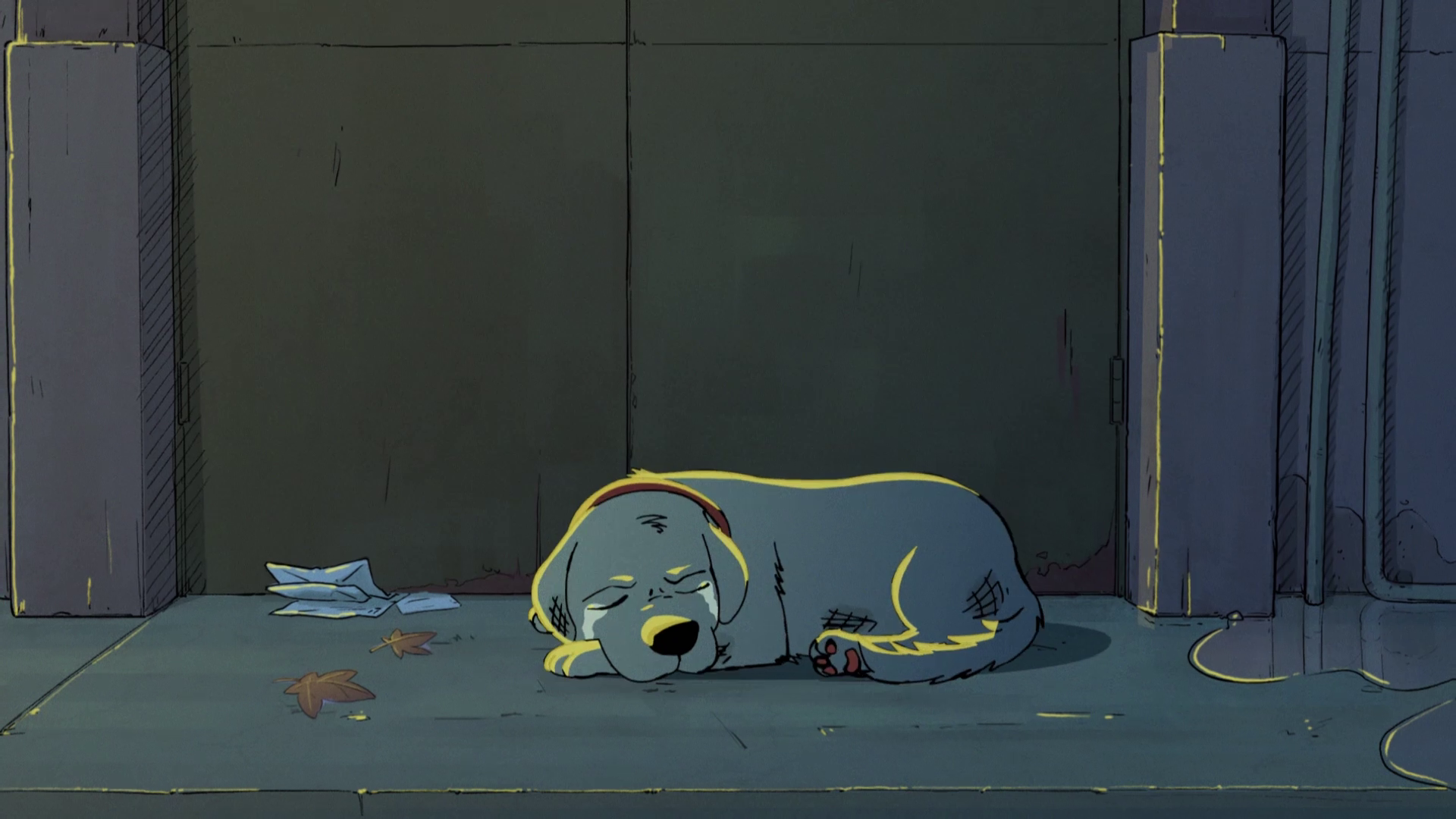 Cartoon of abandoned dog from "Waiting for the Game to End"